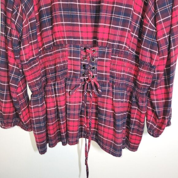 Lane Bryant Red Plaid Corset Tie Up Blouse 26 - Picture 3 of 12